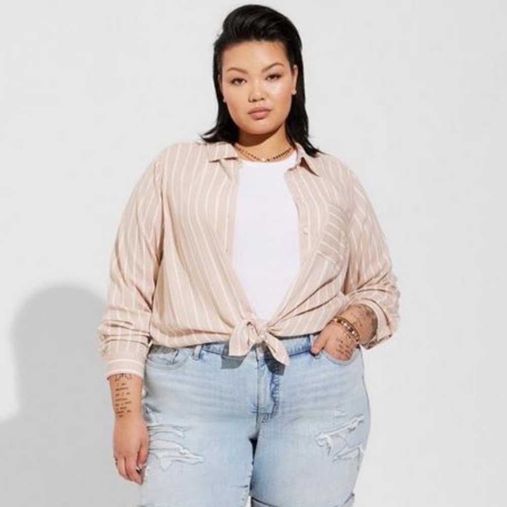 Torrid, long sleeve, button down blouse, beige and white striped, size 3